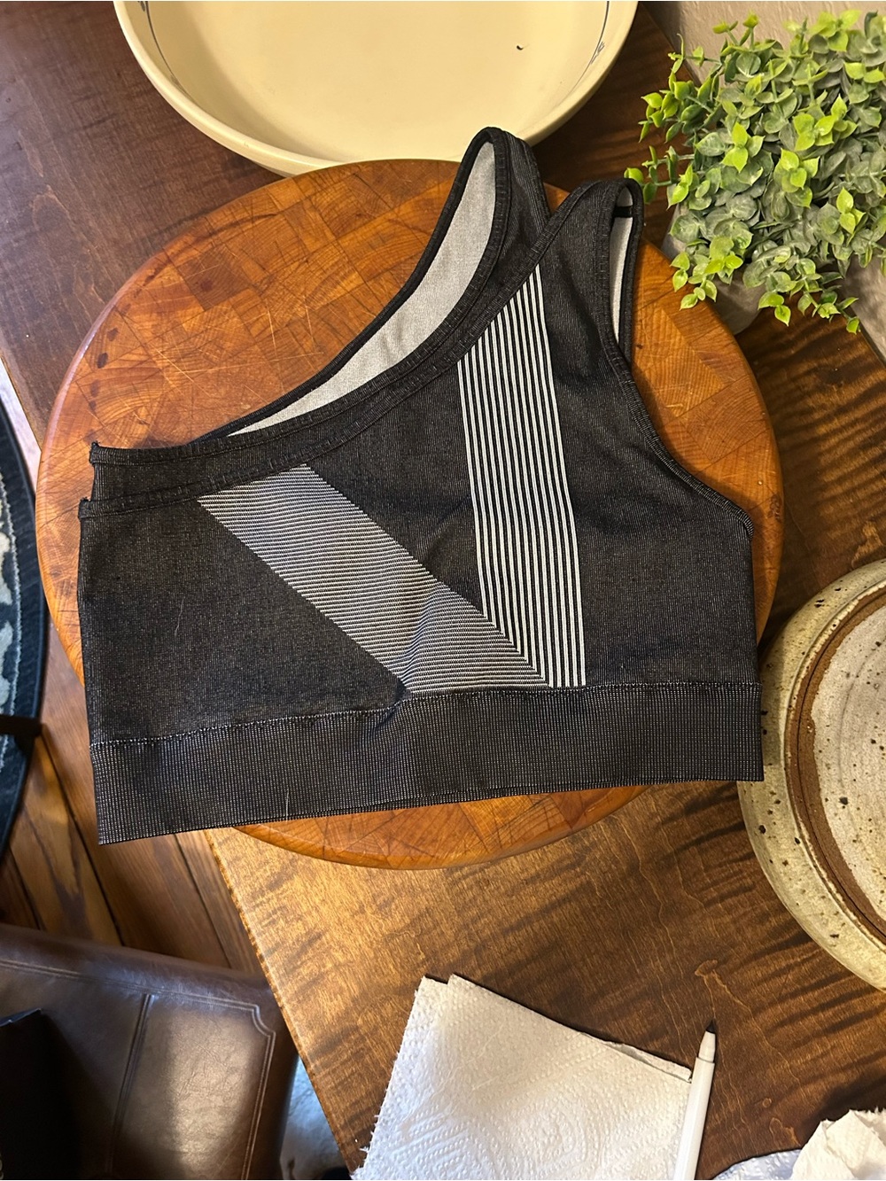 Fabletics Black One-Shoulder Striped Sports Bra and matching leggings